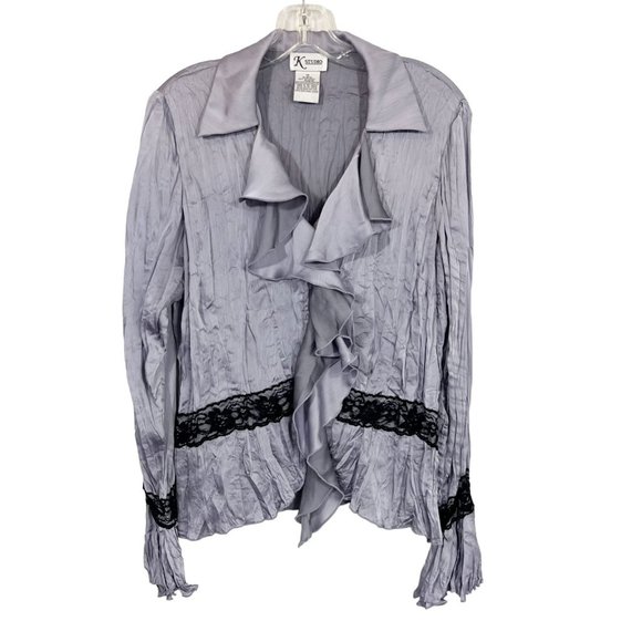 Y2K 90s Satin Crinkle Ruffle Lace Long Sleeve Blouse Going Out Top - Size 14 - Picture 1 of 3